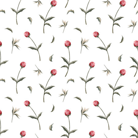 Seamless vector background with watercolor peonies bud. Watercolor botanical seamless patternのイラスト素材