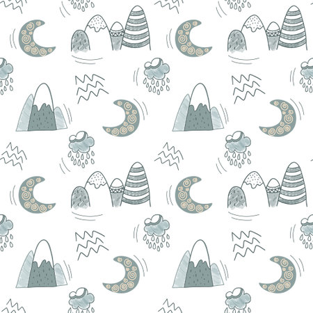 Cute simple pattern with nursery doodle elements. Seamless background with mountains and moon.のイラスト素材