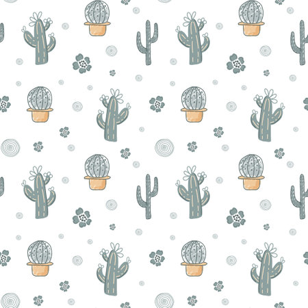 Seamless background with sketch cactus and succulents. Cute simple pattern with mexican doodle elements.のイラスト素材