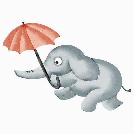 Watercolor elephant with umbrella. Hand drawn baby animals. Watercolor illustration of cute elephantのイラスト素材