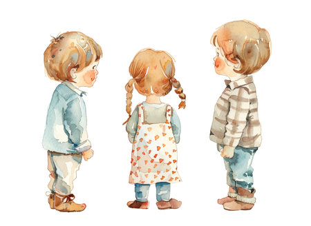 Set of watercolor children standing with their backs. Two boys and one girl, cute babiesのイラスト素材