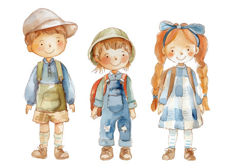 Set of watercolor children in full growth. Vector girl and two boys schoolchildrenのイラスト素材