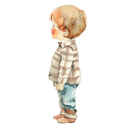 Watercolor boy. Watercolor child stands backwards at full height. Cute babyのイラスト素材
