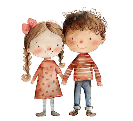 Vector cute watercolor illustrations of boy and girl holding hands. Watercolor childrenのイラスト素材