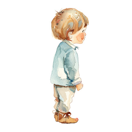 Watercolor boy. Watercolor child stands backwards at full height. Cute babyのイラスト素材