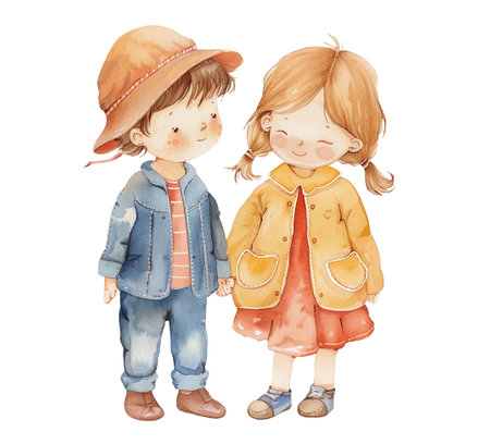 Cute watercolor boy and girl holding hands. Watercolor children vector illustrationのイラスト素材