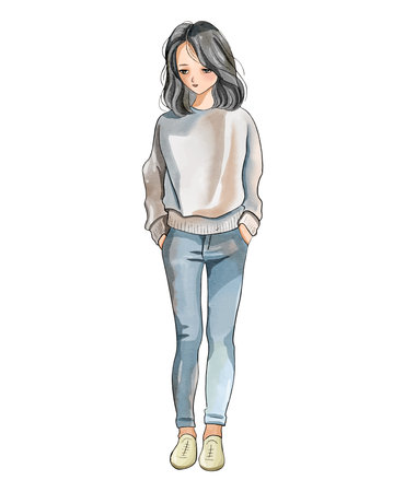 Beautiful brunette teenager girl standing. Watercolor girl isolated white backgroundのイラスト素材