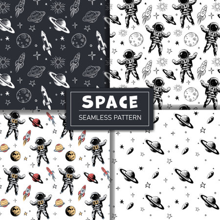 Set of monochrome space patterns. Seamless pattern with planets astronaut and stars. Space backgrounds.のイラスト素材