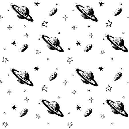 Monochrome seamless pattern with meteor and planet. Space background. Space elements.のイラスト素材