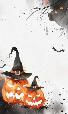 Watercolor halloween frame template. Halloween background with pumpkins and hatsのイラスト素材
