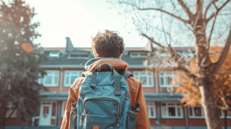 One boy pupil with a new backpack in front of the school. Welcome back to school. New educational year semester.の素材