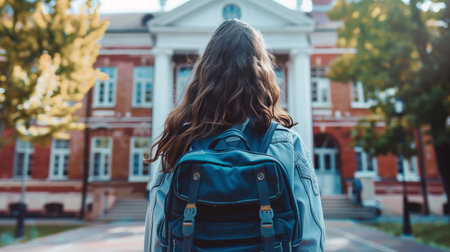 A girl with a backpack in front of the school. Back to school. Pupil going to school, standing at the school yardの素材