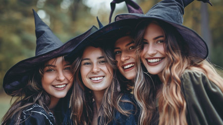 Smiling girls in witch costumes in the forest for Halloween. Autumn photo of friends from a costume party.の素材