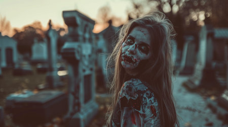 Zombie girl in a cemetery. Close-up portrait of a horrible scary zombie girl. Horror. Halloween.の素材