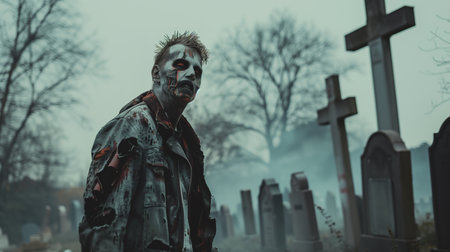 Zombie man in a cemetery. Close-up portrait of a horrible scary zombie man. Horror. Halloween.の素材