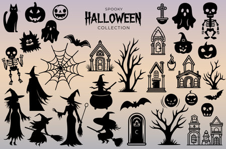 Big halloween set. Monochrome halloween concept. Halloween silhouettes. Black witch, pumpkin, bat, ghost, skeleton, castle.のイラスト素材