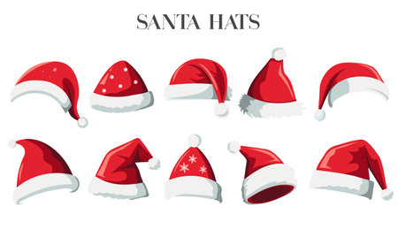 Realistic santa claus hat colllection, holiday cap to xmas illustration. New Year hats. Set of Santa Claus hats.のイラスト素材