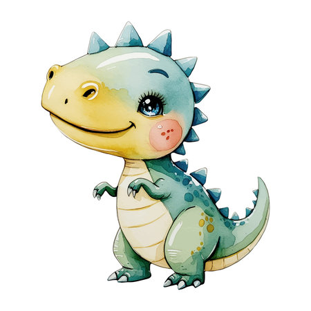 Little watercolor dinosaur. Cute hand drawn dinosaur illustration. Cartoon smiling dinosaurのイラスト素材