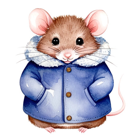 Watercolor mouse in winter clothes. Cute animals in warm clothes. Illustration with hand drawn mouse.のイラスト素材