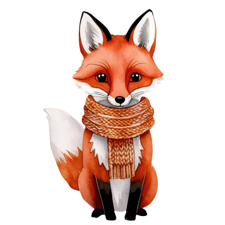 Watercolor fox in winter clothes. Cute animals in warm clothes. Illustration with hand drawn fox.のイラスト素材