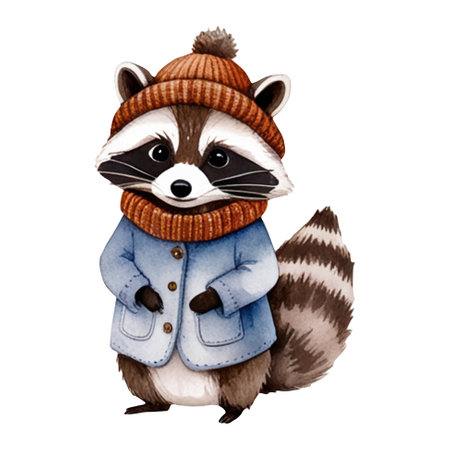 Watercolor raccoon in winter clothes. Cute animals in warm clothes. Illustration with hand drawn raccoon.のイラスト素材
