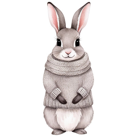 Watercolor bunny in winter clothes. Cute animals in warm clothes. Illustration with hand drawn rabbit.のイラスト素材