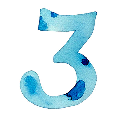 Hand drawn watercolor number 3. Blue painting of the number three isolated on a white background.のイラスト素材