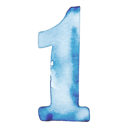 Hand drawn watercolor number 1. Blue painting of the number one isolated on a white background.のイラスト素材