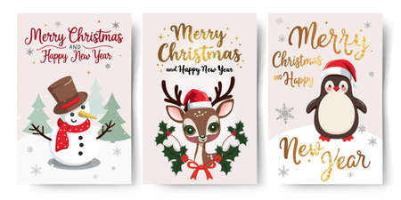 Christmas cards with reindeer, penguin, snowman. Golden lettering. Childish holiday greeting card collection. New year invitation, bannerのイラスト素材