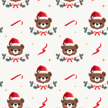 Winter seamless pattern with cute teddy bear in a hat. Xmas patterns. Christmas backgrounds. New year decorations.のイラスト素材