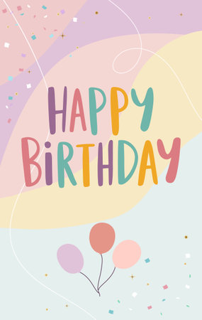 Greeting card design in pastel colors. Doodle birthday card, hand drawn style. Handwritten lettering Happy Birthday.のイラスト素材