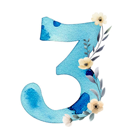 Hand drawn watercolor number 3 with delicate watercolor flowers. Blue painting of the number three.のイラスト素材
