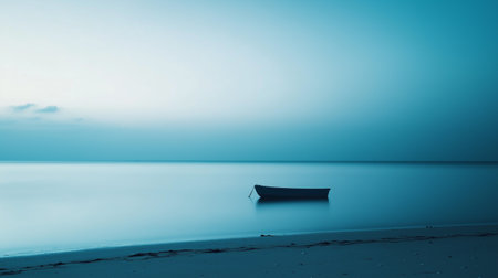 A photo of a beach at dawn, where the entire scene is tinted in shades of blue. The only element in the photo is a small boat anchored in the distance, barely visible against the expansive water and sky.の素材