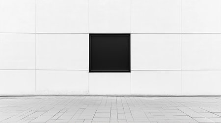 A photo of a white wall with a single black square window. The window is perfectly centered in the frame, and the wall is otherwise featureless.の素材