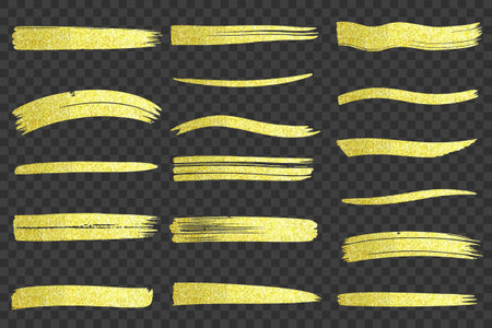 Golden brush strokes. Set of hand drawn backgrounds with golden glitterのイラスト素材