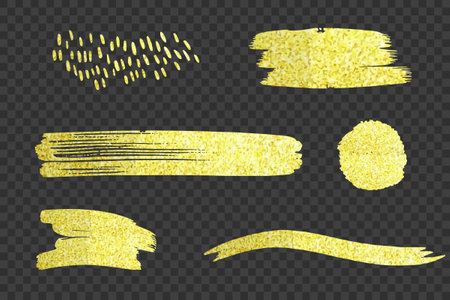 Golden brush strokes and spots. Set of hand drawn backgrounds and brush strokes with golden glitterのイラスト素材