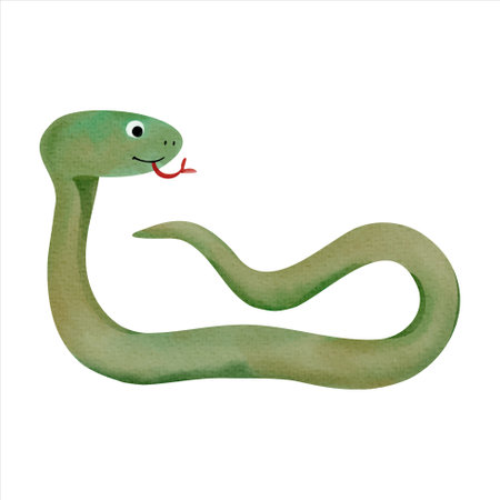 Cute watercolor snake. Illustration of hand drawn green snake. Wild jungle safari animals.のイラスト素材