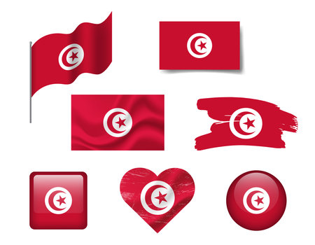 Tunisia flag set of icons. Vector flag of Tunisia, symbol. Set of tunisian flags button, brush, waved, heart.のイラスト素材