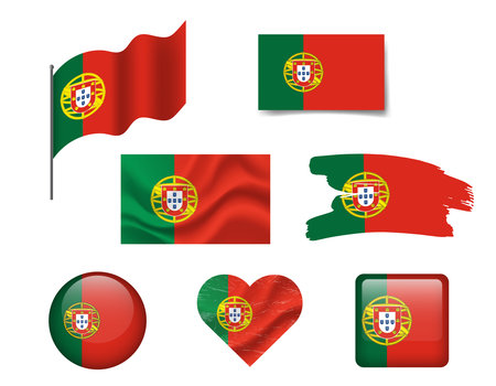 Portugal flag set of icons. Vector flag of Portugal, symbol. Set of Portugal flags brush, button, waved, heart.のイラスト素材