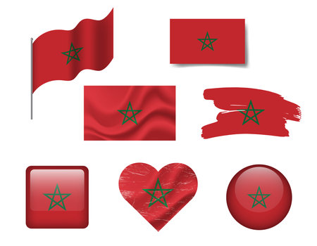 Morocco flag set of icons. Vector flag of Morocco, symbol. Set of Moroccan flags button, brush, waved, heart.のイラスト素材