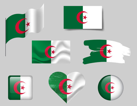 Algeria flag set of icons. Vector flag of Algeria, symbol. Set of Algeria flags button, brush, waved, heart.のイラスト素材