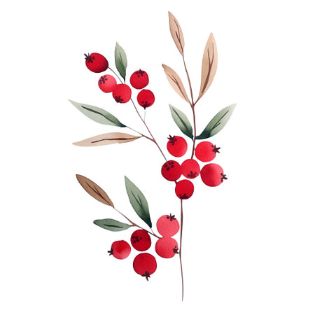 Watercolor winter berries. Holly tree, ilex berries on branch, mistletoe. Red berries. Christmas botanical.のイラスト素材