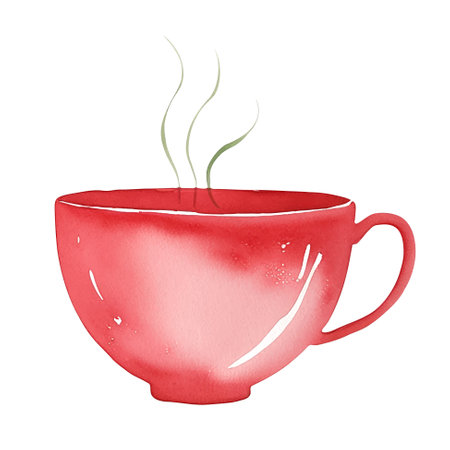 Watercolor red cup of hot drink. Cocoa, coffee, tea. Christmas element. Cute winter illustrationのイラスト素材