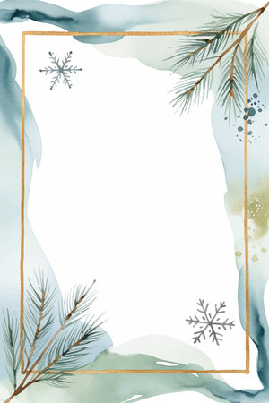 Watercolor frame with fir branches, splashes and place for text. Christmas card. Watercolor winter backgroundのイラスト素材