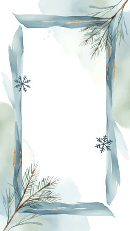 Empty winter background with fir branches, watercolor strokes, golden elements. Christmas card in pastel colors.のイラスト素材