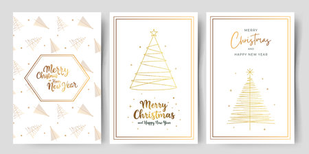 Set of christmas cards with golden christmas tree and lettering. Minimalistic xmas greeting cards.のイラスト素材