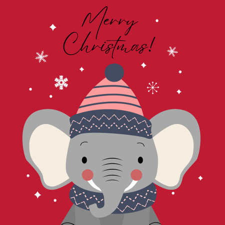 Christmas card with cute elephant. Winter animal illustration. Christmas character. Simple flat styleのイラスト素材