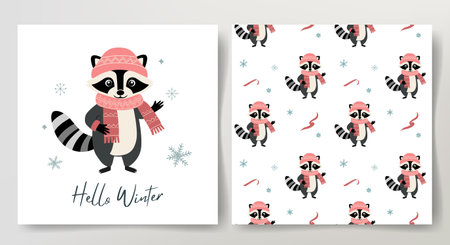 Seamless pattern and winter card with cute raccoon in warm clothes. Christmas template. Winter animals.のイラスト素材