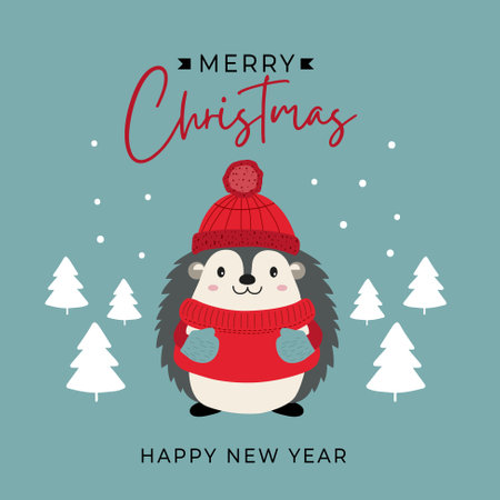 Christmas card with cute hedgehog. Winter animal illustration. Christmas character. Simple flat styleのイラスト素材