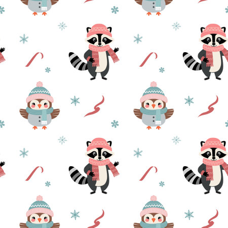 Seamless pattern with warm clothed raccoon and owl. Cartoon winter animals pattern. Xmas backgrounds.のイラスト素材